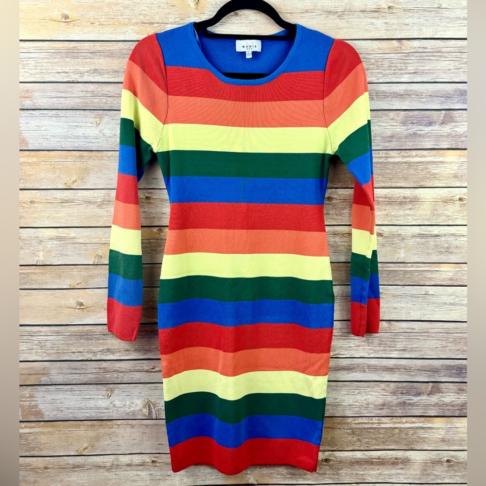 Women's Long Sleeve Striped Color Block Bodycon Knit Dress L